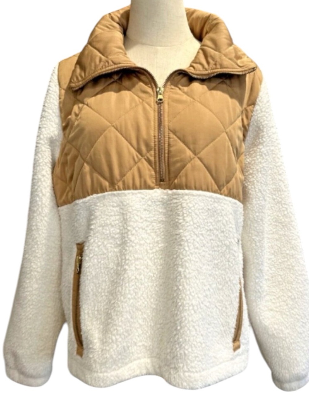 J. CREW Quilted Chest Sherpa Pullover Jacket - Cream / Camel MED — FALL VIBES - Picture 4 of 13